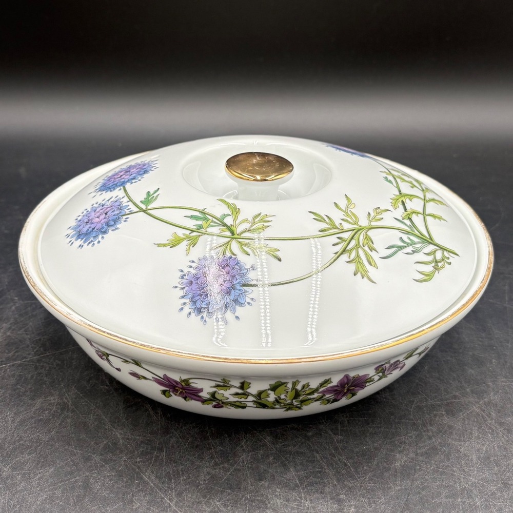 Royal Copenhagen Botanical Scabiosa Porcelain Covered Serving Dish Gold Rim